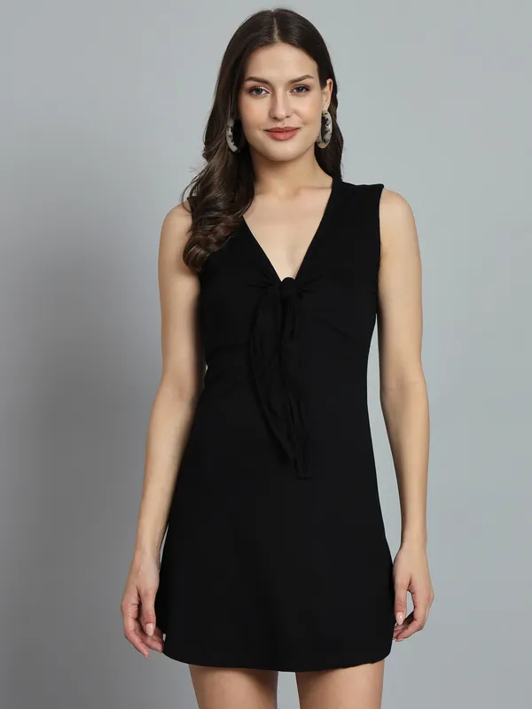 Black_Cotton_Blend_Solid_Stretchable_Skater_Knot_Mini_Length_Dress_For_Women_&_Girls