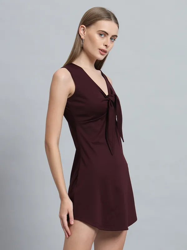 Wine_Cotton_Blend_Solid_Stretchable_Skater_Knot_Mini_Length_Dress_For_Women_&_Girls