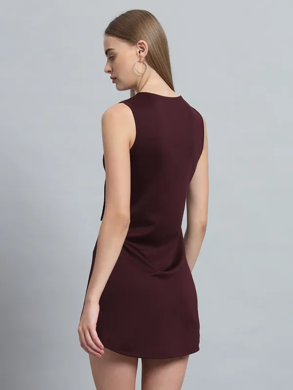 Wine_Cotton_Blend_Solid_Stretchable_Skater_Knot_Mini_Length_Dress_For_Women_&_Girls