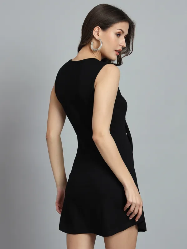 Black_Cotton_Blend_Solid_Stretchable_Skater_Knot_Mini_Length_Dress_For_Women_&_Girls