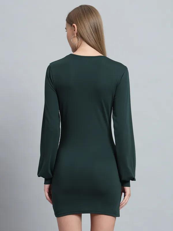 Bottle_Green_Cotton_Blend_Solid_Wrap_Mini_Length_Bodycon_Wrap_Dress_For_Women_&_Girls
