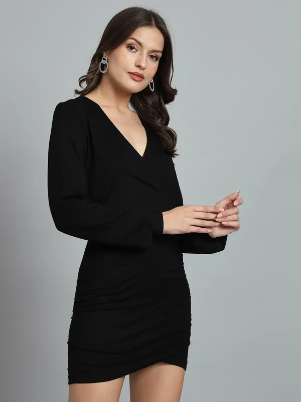 Black_Cotton_Blend_Solid_Wrap_Mini_Length_Bodycon_Wrap_Dress_For_Women_&_Girls