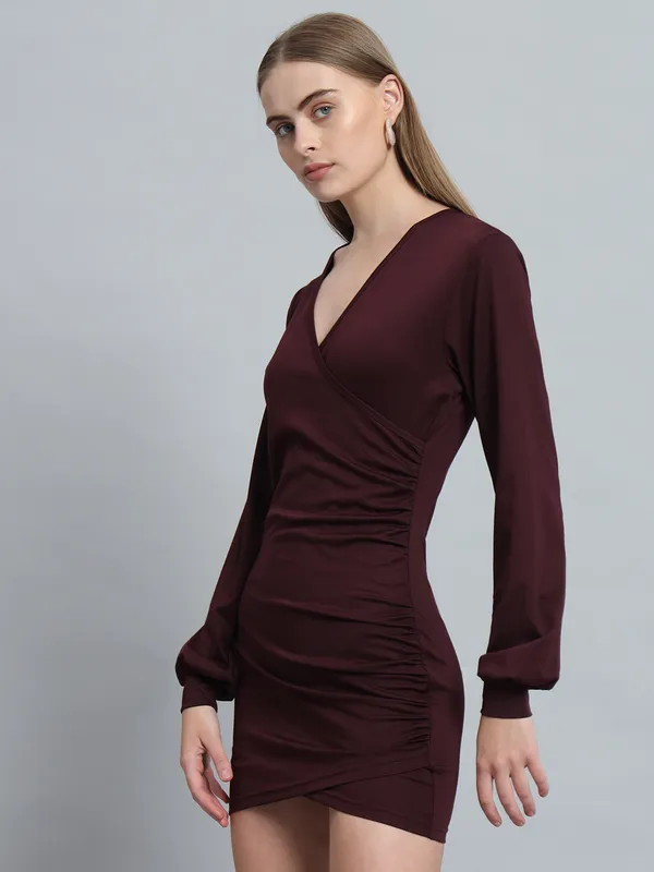 Wine_Cotton_Blend_Solid_Wrap_Mini_Length_Bodycon_Wrap_Dress_For_Women_&_Girls
