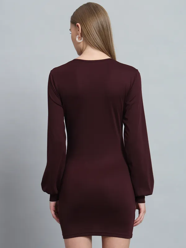 Wine_Cotton_Blend_Solid_Wrap_Mini_Length_Bodycon_Wrap_Dress_For_Women_&_Girls