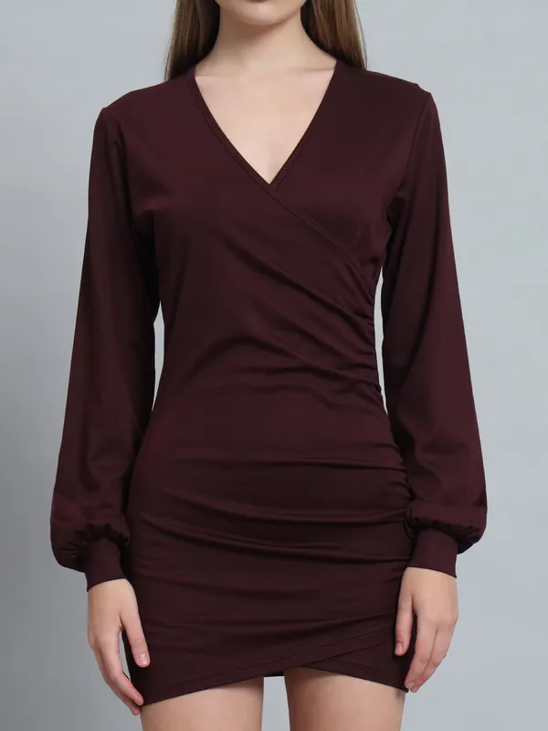 Wine_Cotton_Blend_Solid_Wrap_Mini_Length_Bodycon_Wrap_Dress_For_Women_&_Girls
