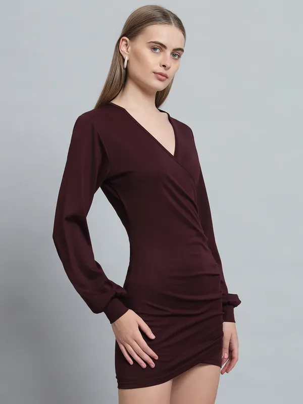 Wine_Cotton_Blend_Solid_Wrap_Mini_Length_Bodycon_Wrap_Dress_For_Women_&_Girls