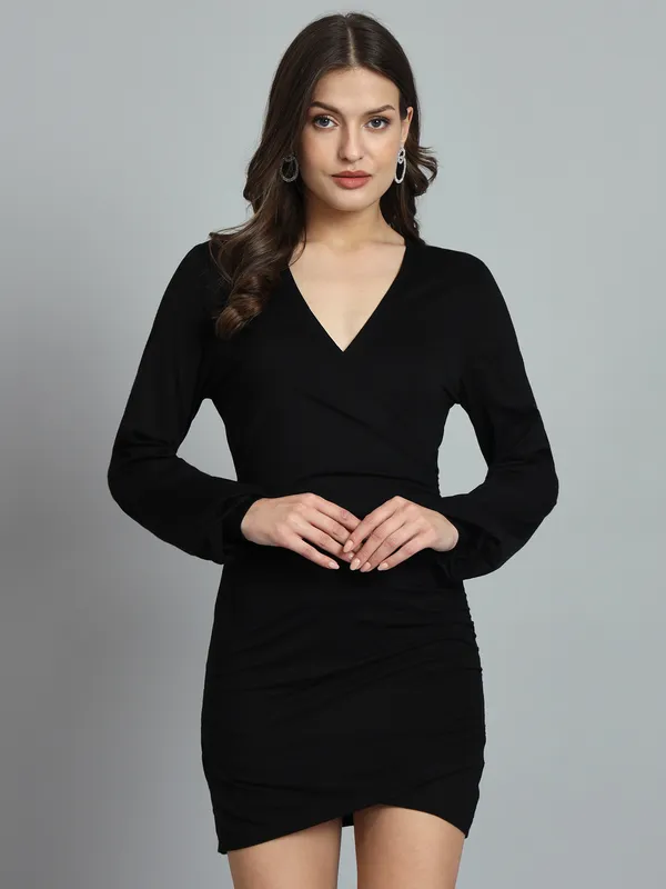 Black_Cotton_Blend_Solid_Wrap_Mini_Length_Bodycon_Wrap_Dress_For_Women_&_Girls