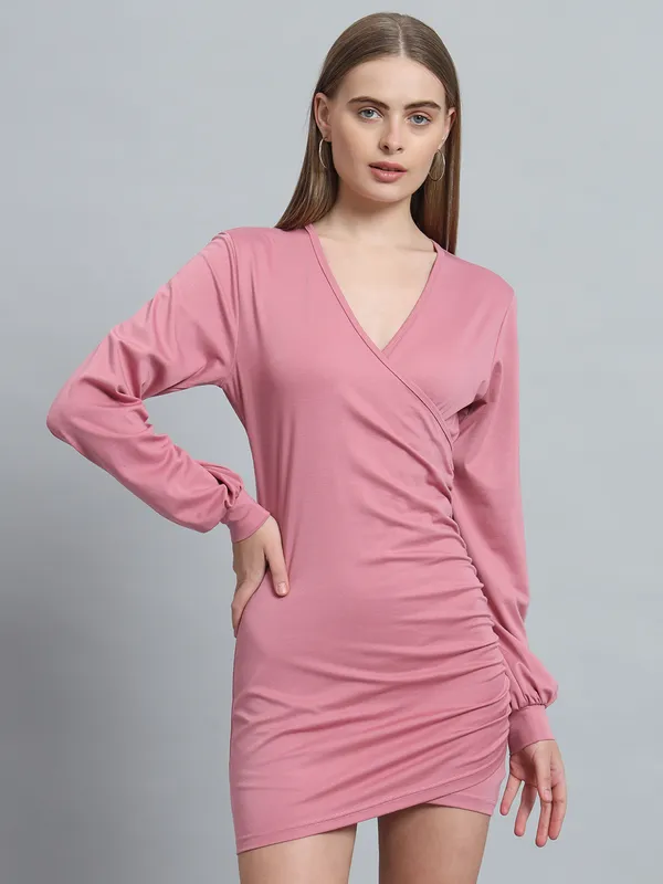 Light_Pink_Cotton_Blend_Solid_Wrap_Mini_Length_Bodycon_Wrap_Dress_For_Women_&_Girls