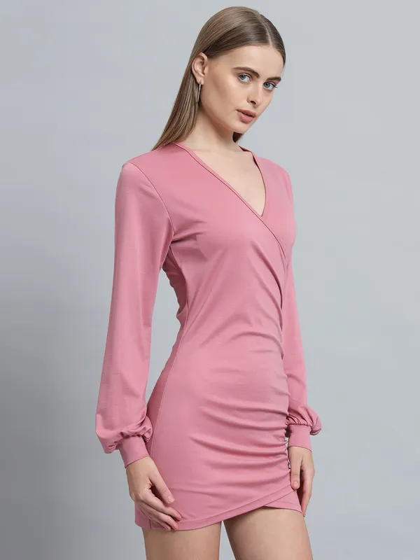 Light_Pink_Cotton_Blend_Solid_Wrap_Mini_Length_Bodycon_Wrap_Dress_For_Women_&_Girls