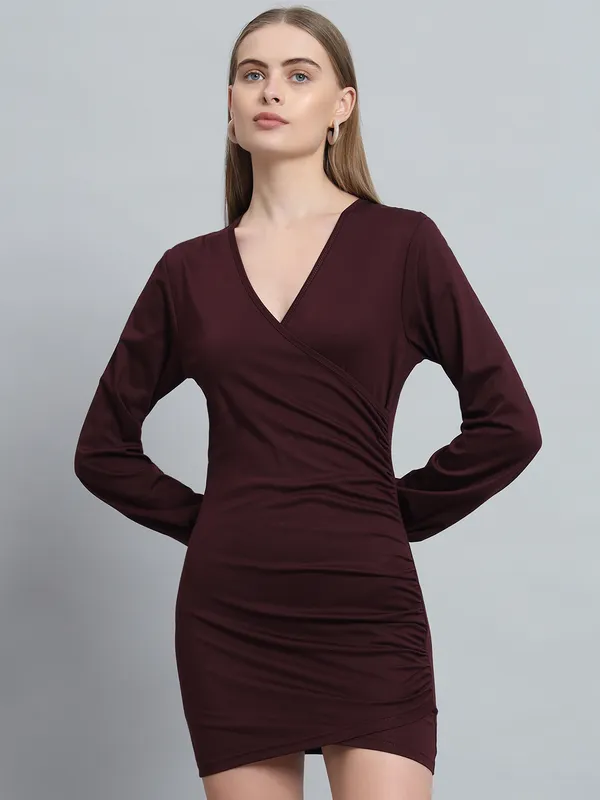 Wine_Cotton_Blend_Solid_Wrap_Mini_Length_Bodycon_Wrap_Dress_For_Women_&_Girls