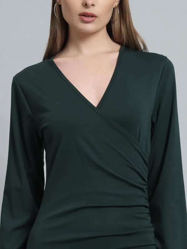 Bottle_Green_Cotton_Blend_Solid_Wrap_Mini_Length_Bodycon_Wrap_Dress_For_Women_&_Girls