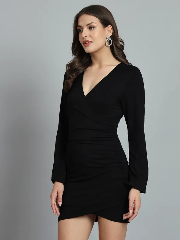 Black_Cotton_Blend_Solid_Wrap_Mini_Length_Bodycon_Wrap_Dress_For_Women_&_Girls