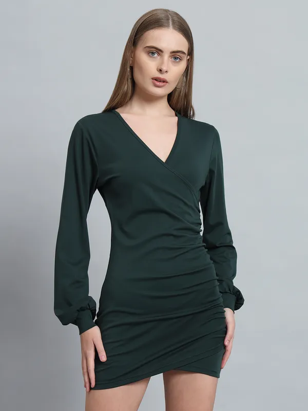 Bottle_Green_Cotton_Blend_Solid_Wrap_Mini_Length_Bodycon_Wrap_Dress_For_Women_&_Girls