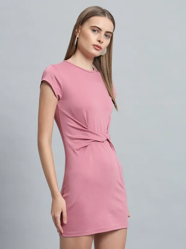 Light_Pink_Cotton_Blend_Solid_Stylish_Stretchable_Twisted_Mini_Length_Bodycon_Dress_For_Women_&_Girls