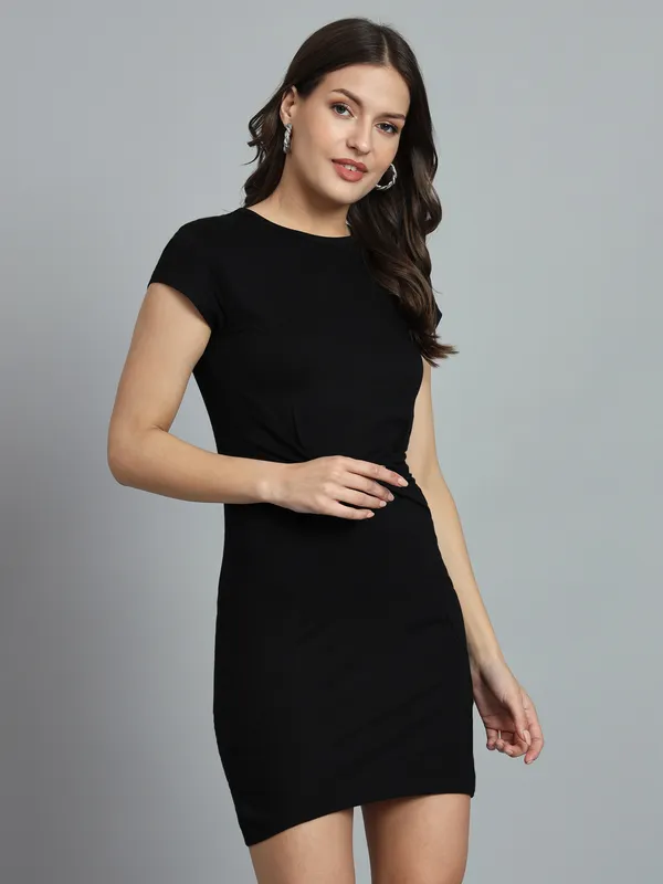 Black_Cotton_Blend_Solid_Cap_Sleeve_Stylish_Stretchable_Twisted_Mini_Length_Bodycon_Dress_For_Women_&_Girls