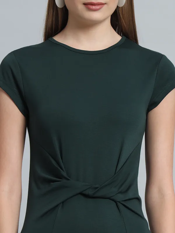 Bottle_Green_Cotton_Blend_Solid_Cap_Sleeve_Stylish_Stretchable_Twisted_Mini_Length_Bodycon_Dress_For_Women_&_Girls
