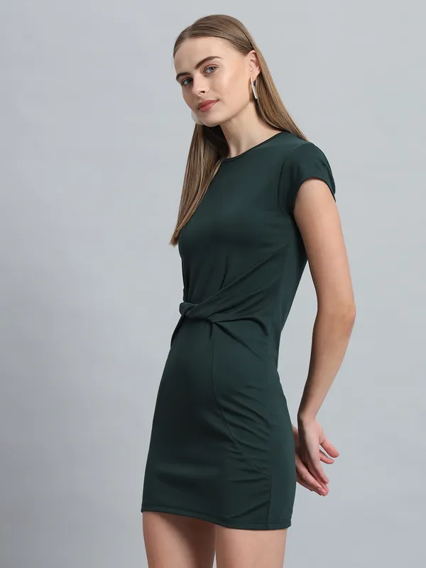 Bottle_Green_Cotton_Blend_Solid_Cap_Sleeve_Stylish_Stretchable_Twisted_Mini_Length_Bodycon_Dress_For_Women_&_Girls