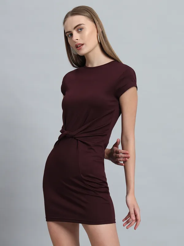 Wine_Cotton_Blend_Solid_Stylish_Stretchable_Twisted_Mini_Length_Bodycon_Dress_For_Women_&_Girls