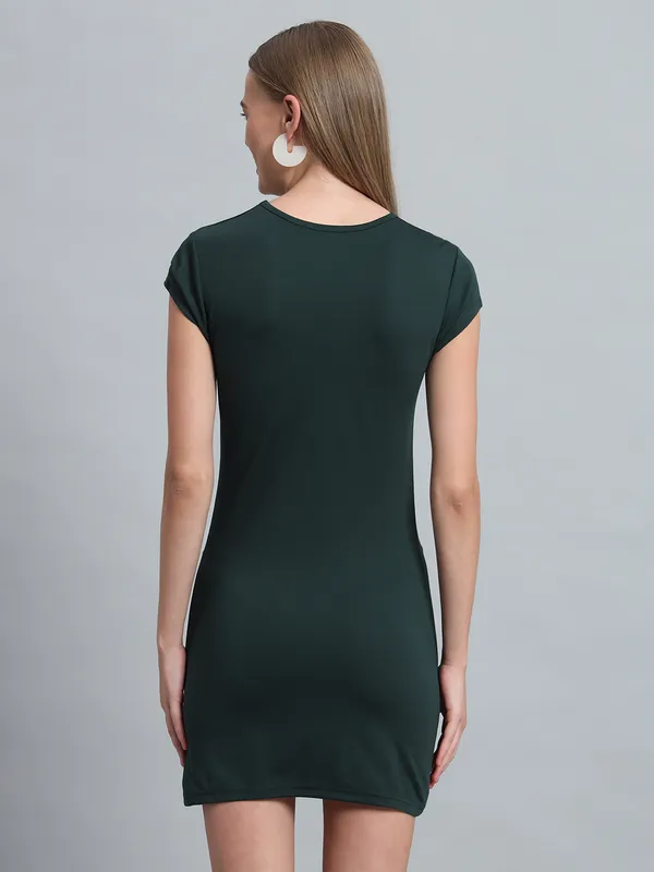 Bottle_Green_Cotton_Blend_Solid_Cap_Sleeve_Stylish_Stretchable_Twisted_Mini_Length_Bodycon_Dress_For_Women_&_Girls