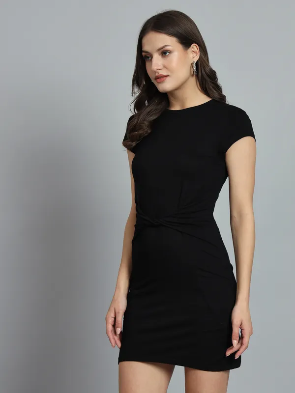 Black_Cotton_Blend_Solid_Cap_Sleeve_Stylish_Stretchable_Twisted_Mini_Length_Bodycon_Dress_For_Women_&_Girls