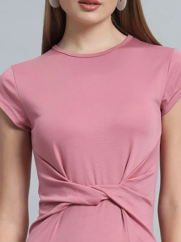 Light_Pink_Cotton_Blend_Solid_Stylish_Stretchable_Twisted_Mini_Length_Bodycon_Dress_For_Women_&_Girls