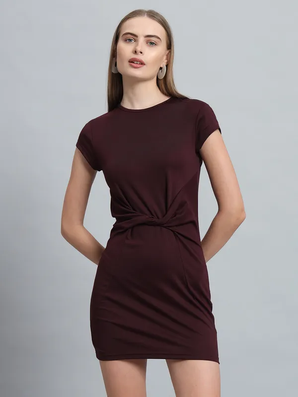 Wine_Cotton_Blend_Solid_Stylish_Stretchable_Twisted_Mini_Length_Bodycon_Dress_For_Women_&_Girls