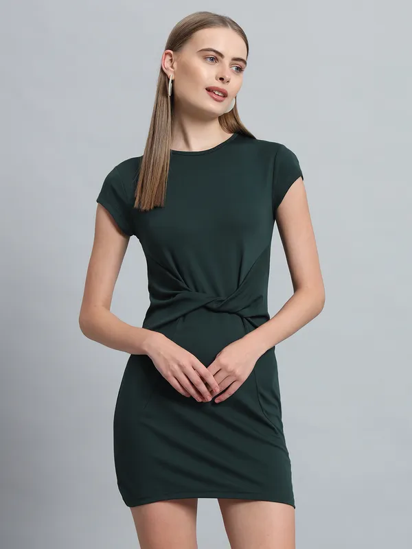 Bottle_Green_Cotton_Blend_Solid_Cap_Sleeve_Stylish_Stretchable_Twisted_Mini_Length_Bodycon_Dress_For_Women_&_Girls