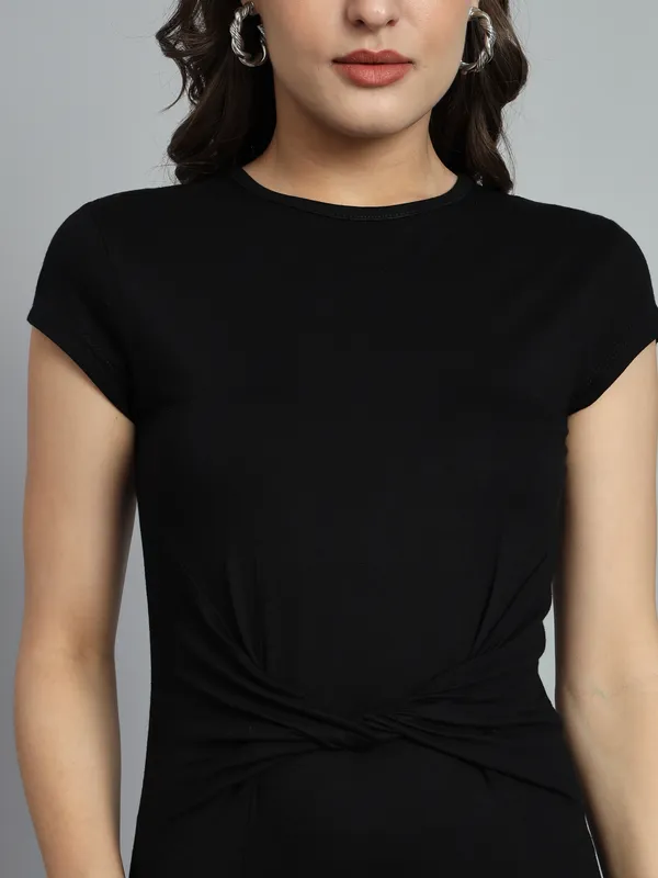 Black_Cotton_Blend_Solid_Cap_Sleeve_Stylish_Stretchable_Twisted_Mini_Length_Bodycon_Dress_For_Women_&_Girls