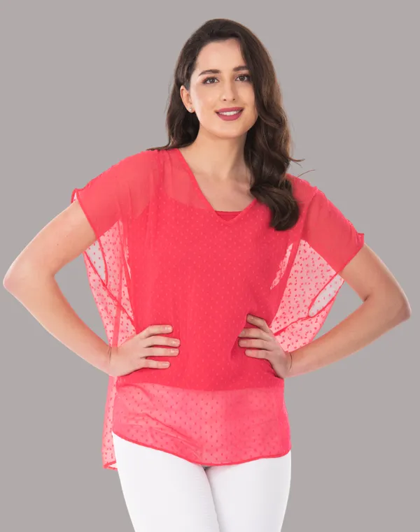 Peach_V-Neck_Sheer_Dobby_Dot_Tunic_Top_For_Women_&_Girls