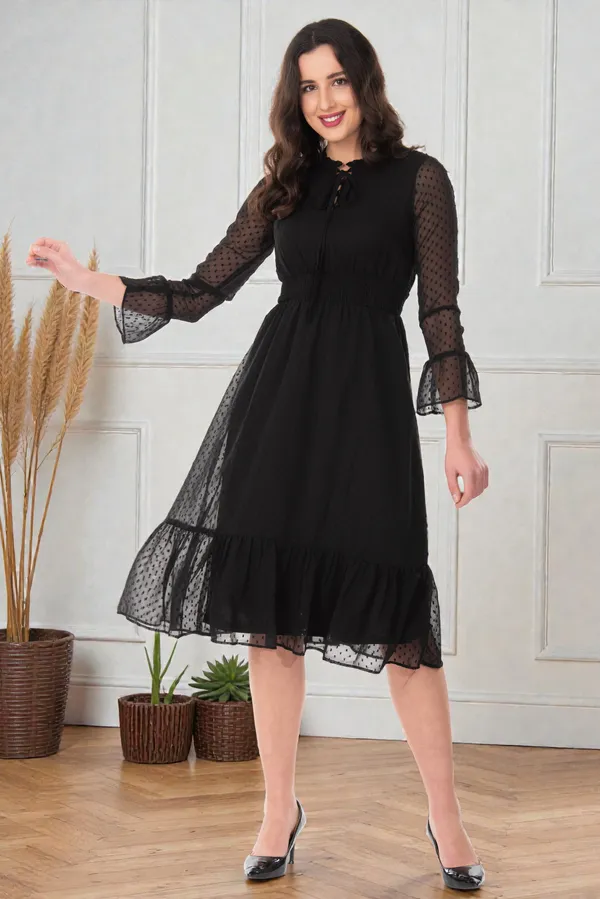 Black_Georgette_Dobby_Dot_Smocked_Waist_Tie_Neck_Midi_Dress_For_Women_&_Girls