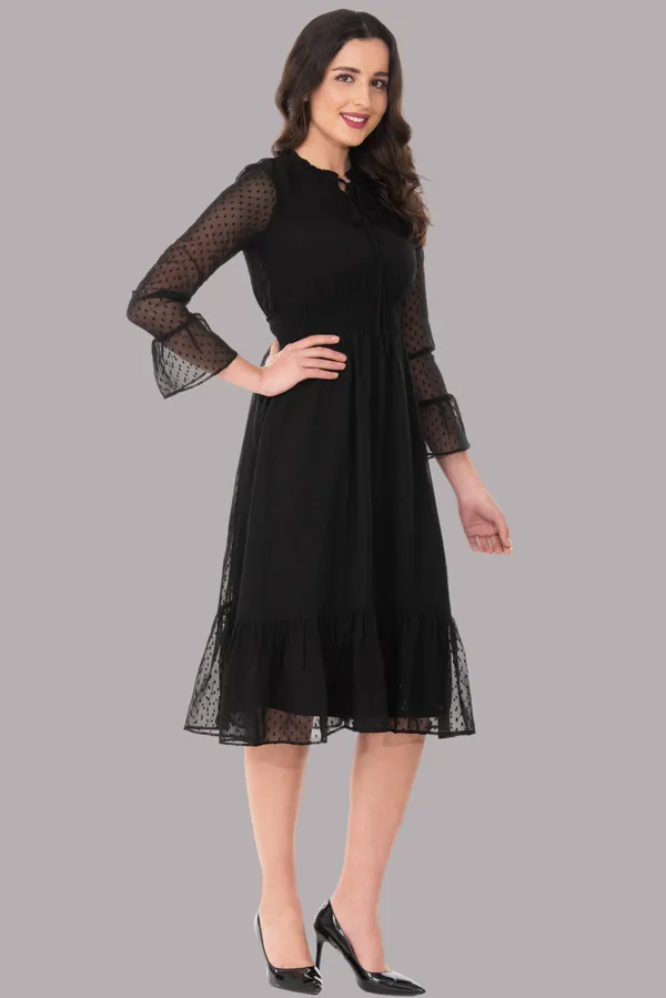 Black_Georgette_Dobby_Dot_Smocked_Waist_Tie_Neck_Midi_Dress_For_Women_&_Girls