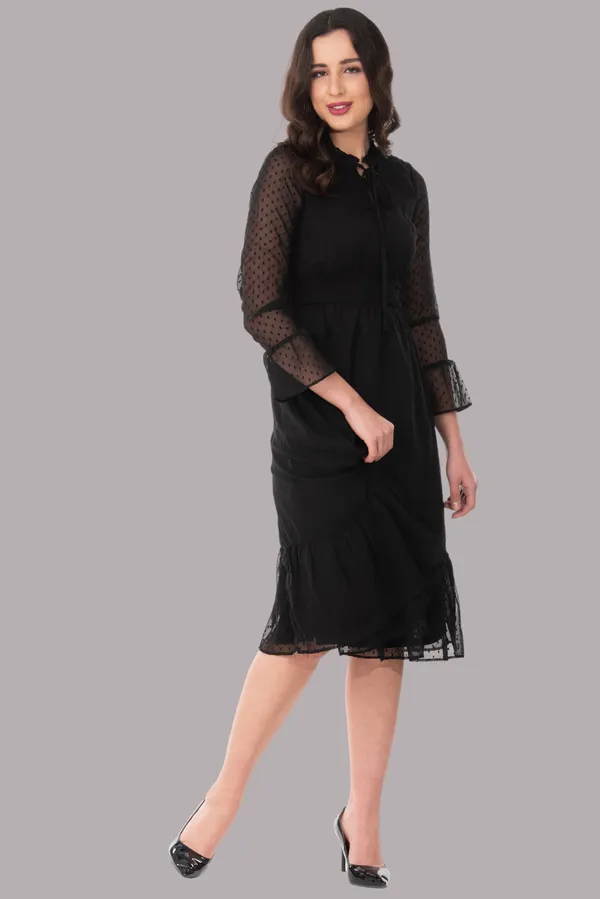 Black_Georgette_Dobby_Dot_Smocked_Waist_Tie_Neck_Midi_Dress_For_Women_&_Girls