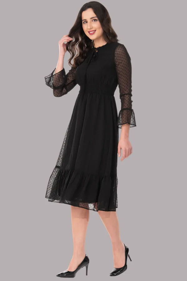 Black_Georgette_Dobby_Dot_Smocked_Waist_Tie_Neck_Midi_Dress_For_Women_&_Girls