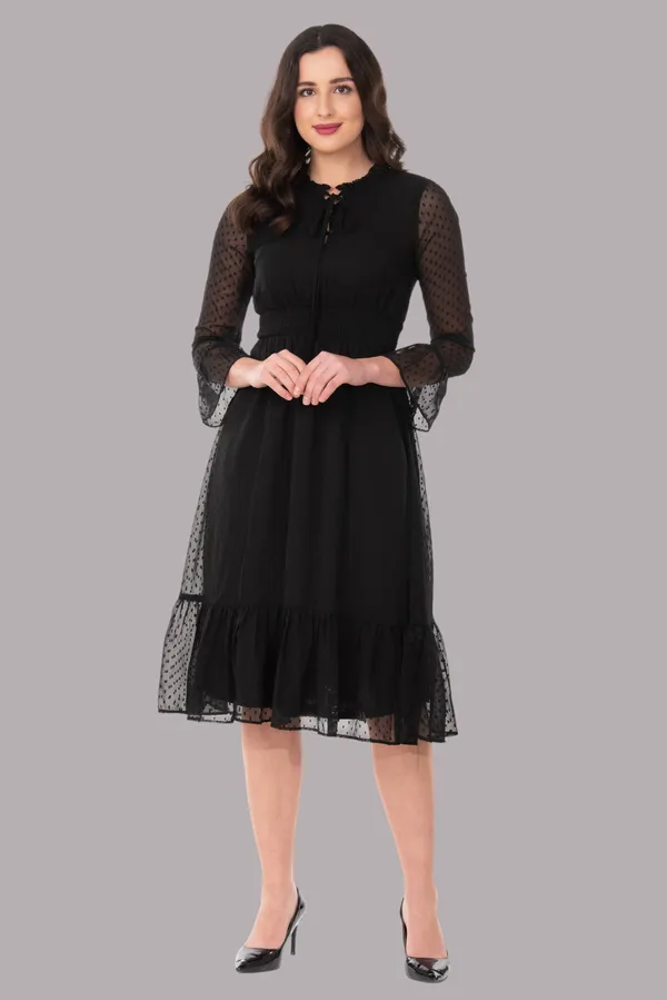 Black_Georgette_Dobby_Dot_Smocked_Waist_Tie_Neck_Midi_Dress_For_Women_&_Girls