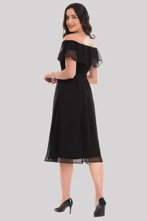 Black_Ruffle_Neck_Off_Shoulder_Midi_Dress_For_Women_&_Girls
