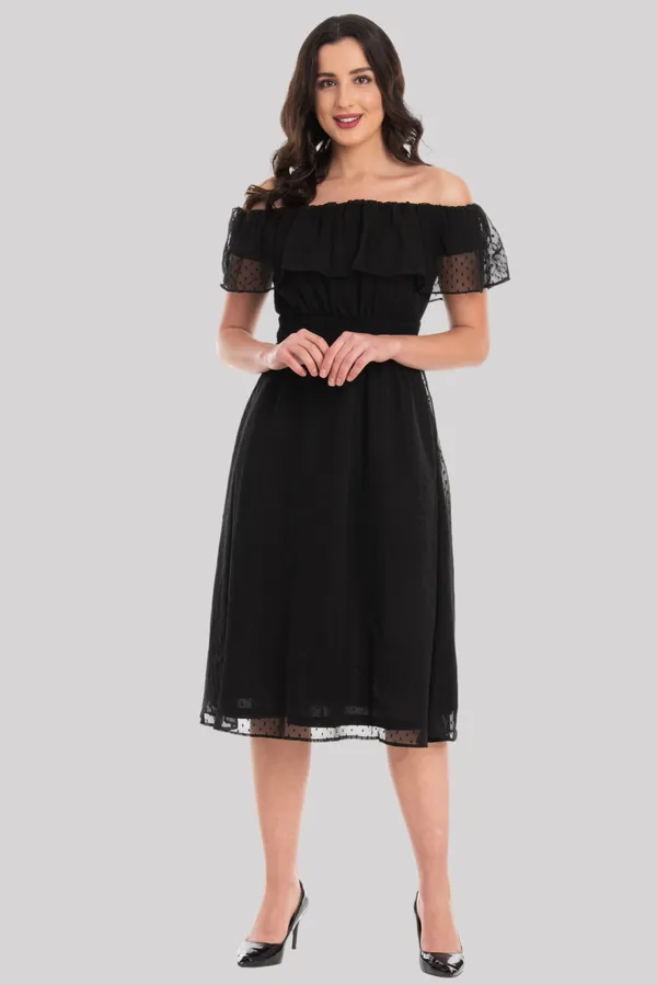 Black_Ruffle_Neck_Off_Shoulder_Midi_Dress_For_Women_&_Girls