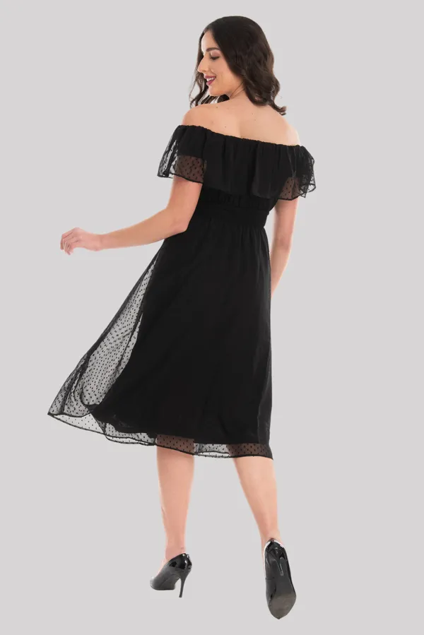 Black_Ruffle_Neck_Off_Shoulder_Midi_Dress_For_Women_&_Girls