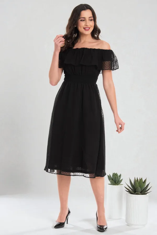Black_Ruffle_Neck_Off_Shoulder_Midi_Dress_For_Women_&_Girls