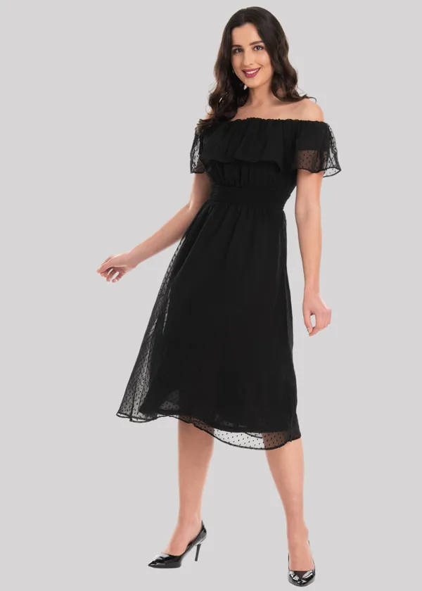 Black_Ruffle_Neck_Off_Shoulder_Midi_Dress_For_Women_&_Girls