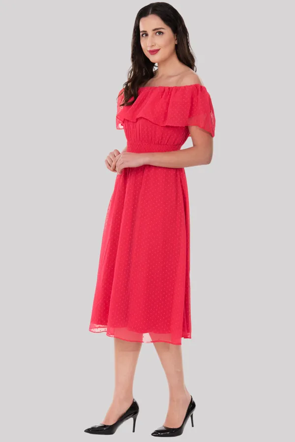Peach_Georgette_Off_Shoulder_Midi_Dress_For_Women_&_Girls