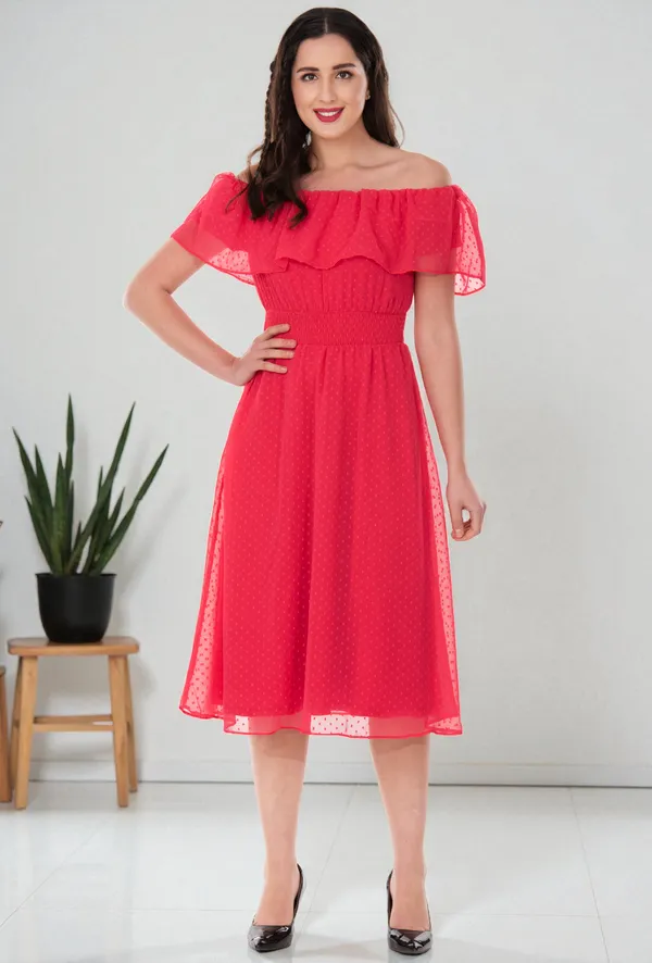 Peach_Georgette_Off_Shoulder_Midi_Dress_For_Women_&_Girls