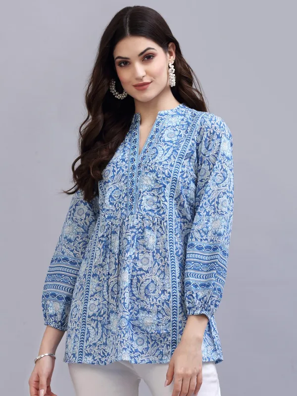 Blue_Print_Mandarin_Collar_Empire_Pure_Cotton_Longline_Top