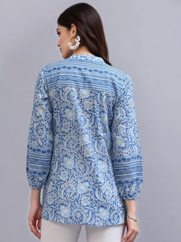 Blue_Print_Mandarin_Collar_Empire_Pure_Cotton_Longline_Top