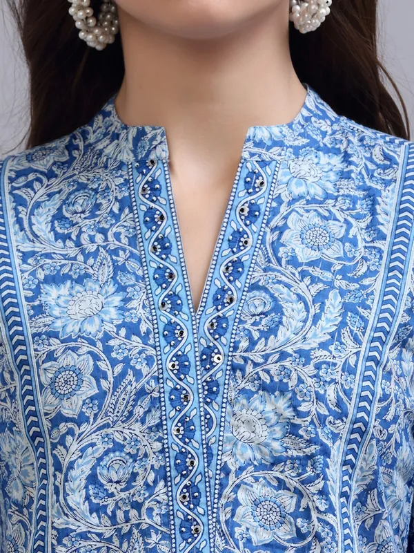 Blue_Print_Mandarin_Collar_Empire_Pure_Cotton_Longline_Top