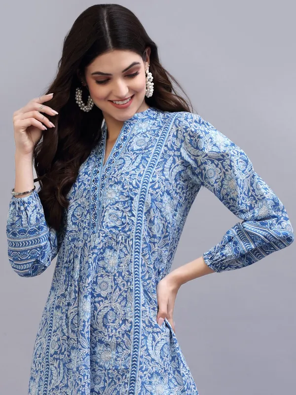 Blue_Print_Mandarin_Collar_Empire_Pure_Cotton_Longline_Top