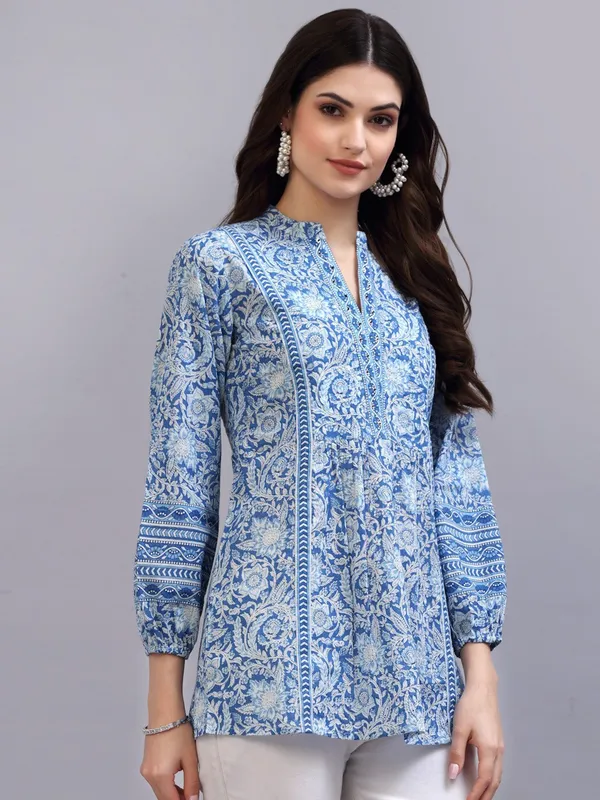 Blue_Print_Mandarin_Collar_Empire_Pure_Cotton_Longline_Top
