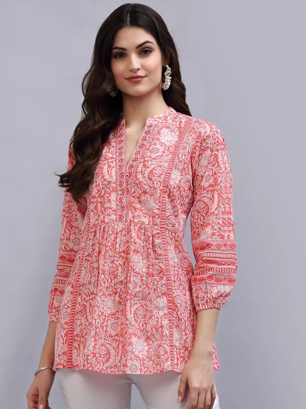 Coral_&_White_Floral_Print_Mandarin_Collar_Pure_Cotton_Empire_Top