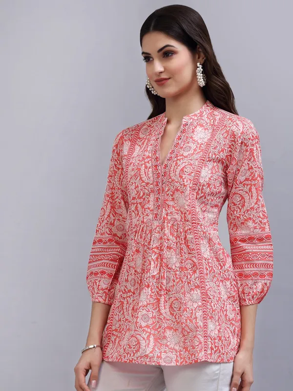 Coral_&_White_Floral_Print_Mandarin_Collar_Pure_Cotton_Empire_Top