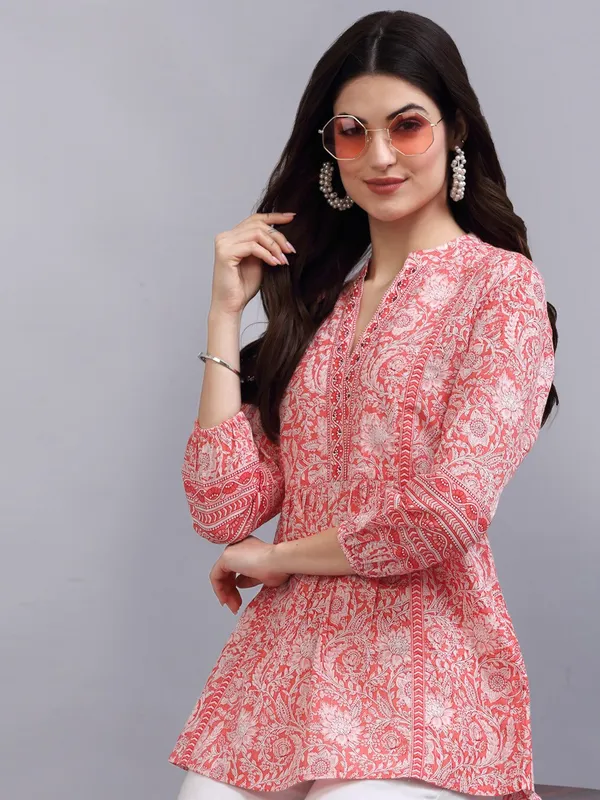 Coral_&_White_Floral_Print_Mandarin_Collar_Pure_Cotton_Empire_Top