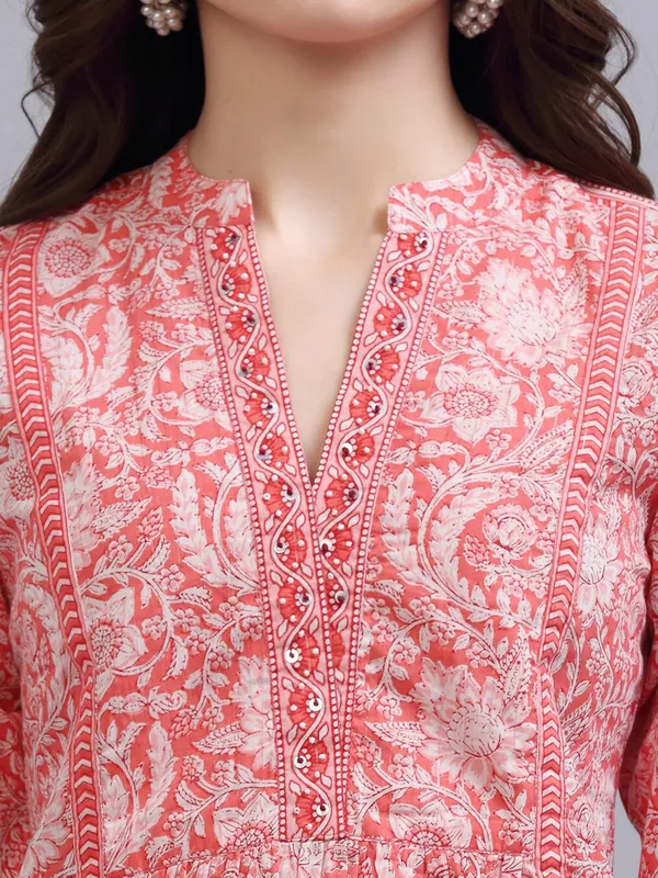 Coral_&_White_Floral_Print_Mandarin_Collar_Pure_Cotton_Empire_Top